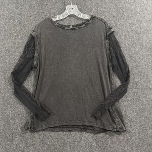 Free People Coffee Date Top Women's Small Black Lace Linen Blend Pullover